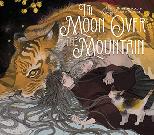 Illustration of a woman and tiger with a cat, under a moonlit sky.