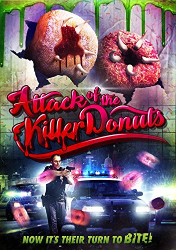 Bloody donuts and police car on a city street at night with a uniformed man.