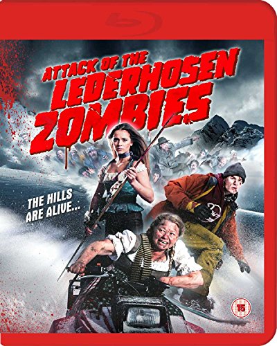 Blu-ray cover for "Attack Of The Lederhosen Zombies" with snowy mountain scene.