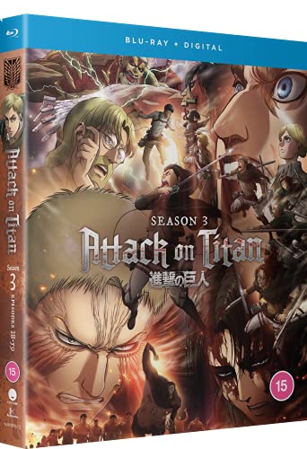 Attack on Titan" Season 3 Blu-ray cover with characters and titans in action.