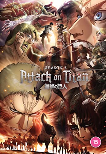 Attack on Titan Season 3 DVD cover featuring anime characters and titans in battle.