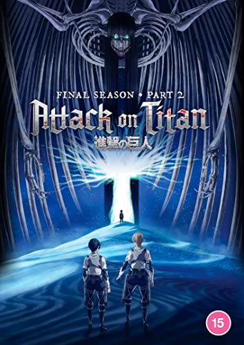 Attack on Titan DVD cover featuring winged Titan and two figures below.
