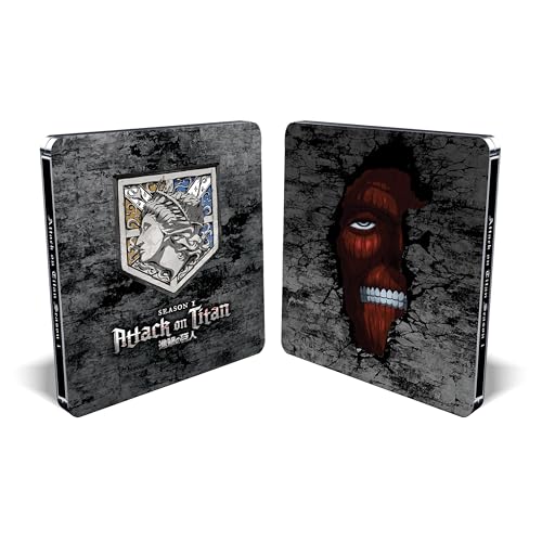 Attack on Titan" Season 1 Blu-ray case, showing emblem and Titan face.