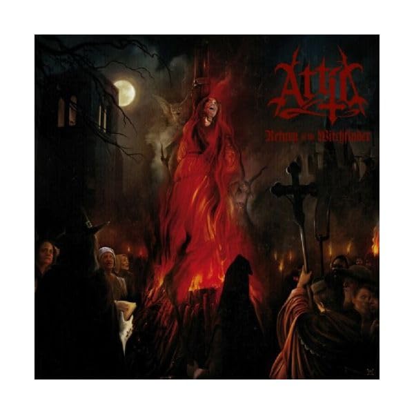 A woman in red robes burns at the stake before a crowd at night.
