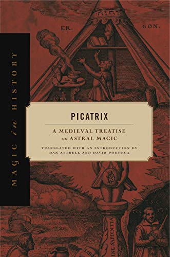 Red book cover with an alchemical illustration and the title "Picatrix.