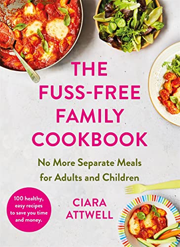 Cookbook cover with colorful food images and bold red text.