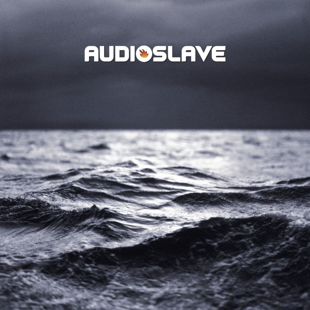 Audioslave logo above a dark, moody ocean with waves under a cloudy sky.