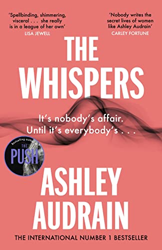 Book cover: "The Whispers" by Ashley Audrain, with red background and silhouette.