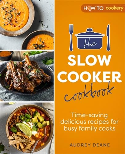 Cookbook cover: "The Slow Cooker Cookbook" with images of slow-cooked meals.