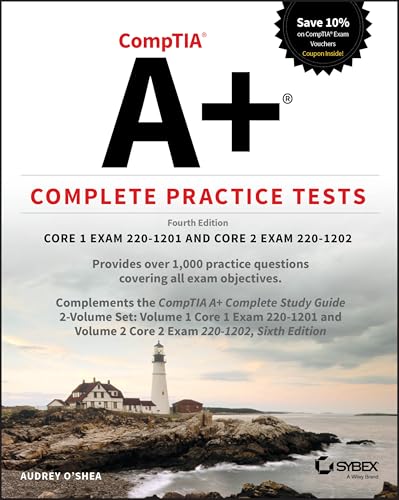 CompTIA A+ practice test book cover with a lighthouse image.