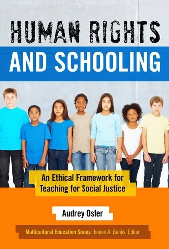 Book cover with diverse group of children and title “Human Rights and Schooling.”