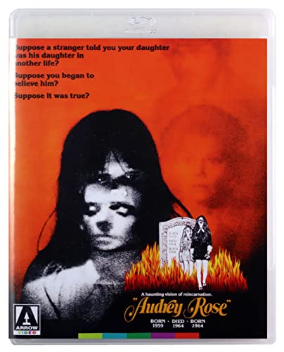“Audrey Rose” Blu-ray cover featuring a woman’s face and fiery background.