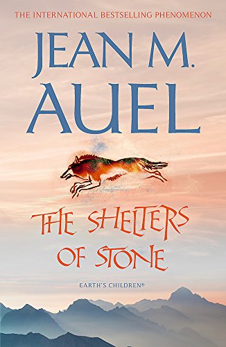 Book cover for The Shelters of Stone by Jean M. Auel featuring a running wolf.