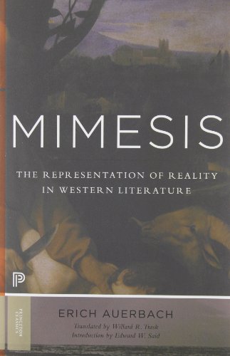 Book cover for Mimesis by Erich Auerbach featuring a dark, classical painting background.