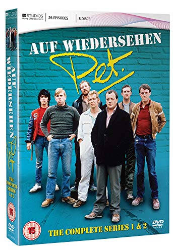 “Auf Wiedersehen Pet” DVD cover featuring seven men in 1980s clothing.