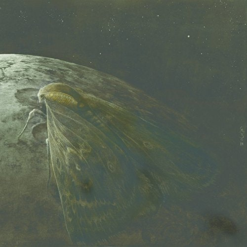 Dark painting of a large moth flying before a textured moon.