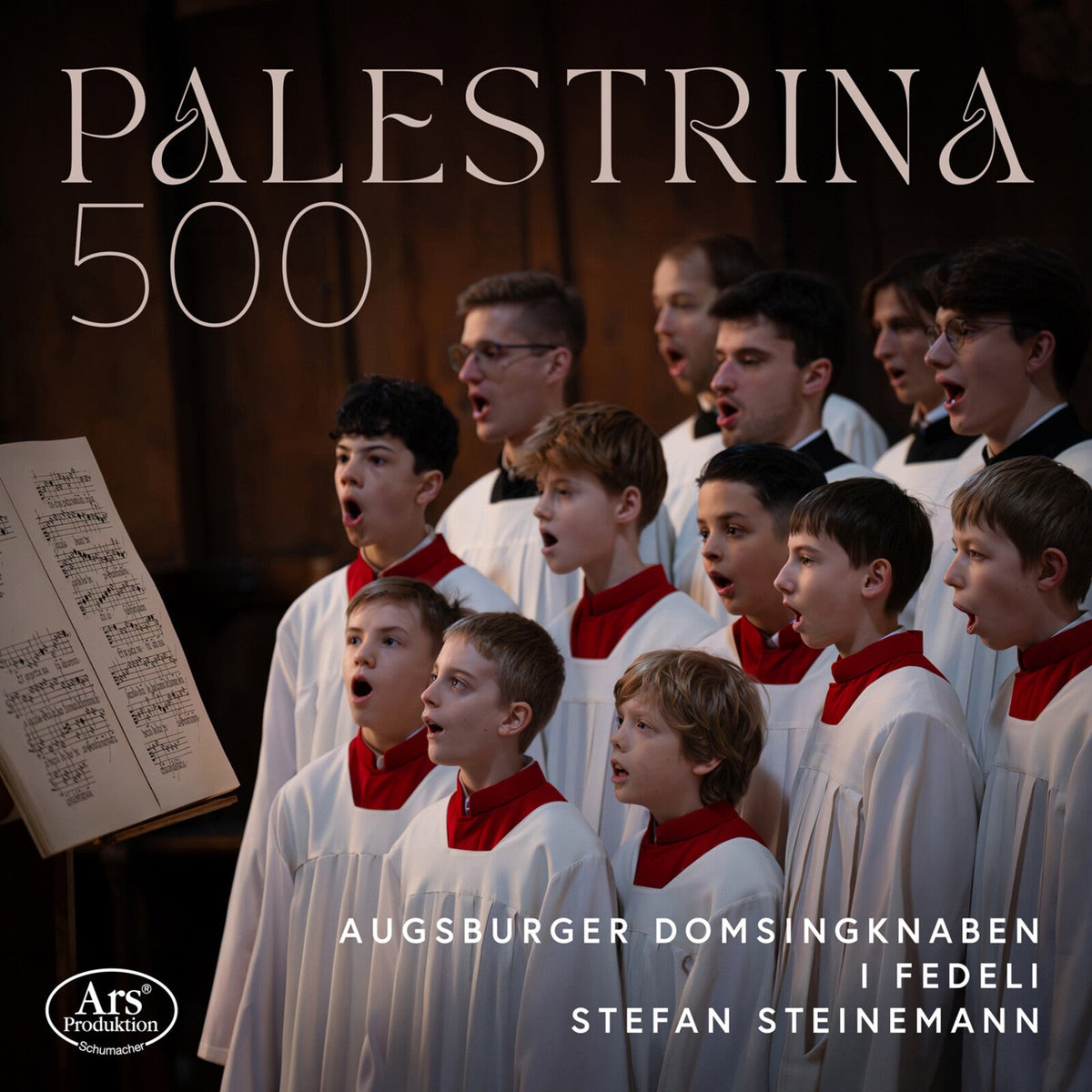 Boys choir in white robes with sheet music, album cover for Palestrina 500.