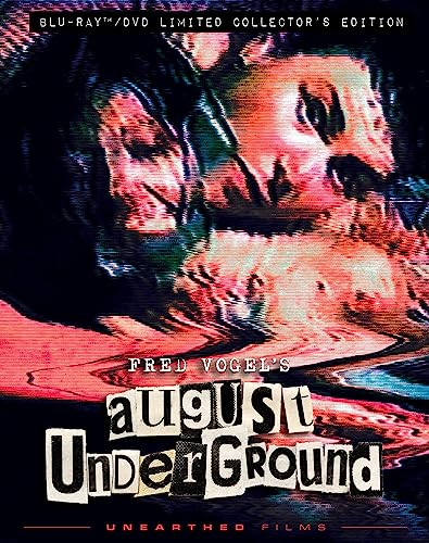 August Underground" Blu-ray cover with distorted, unsettling portrait of a person.