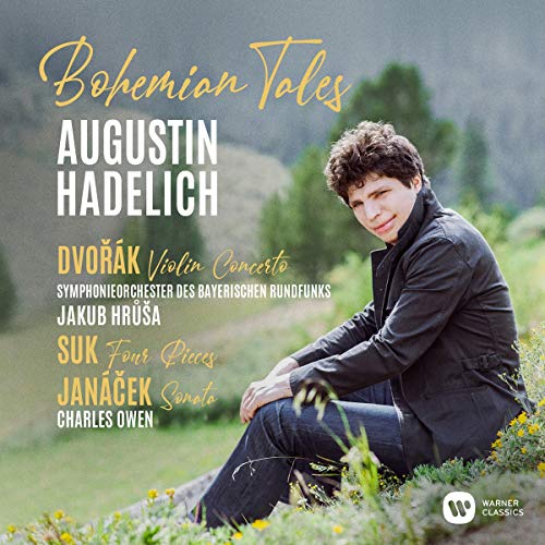 CD cover: Augustin Hadelich portrait with mountain landscape background.