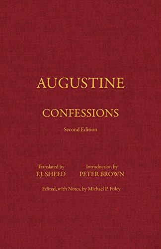 Book cover of Augustine's Confessions with gold text on a textured deep red background.