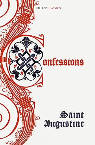 Book cover: "The Confessions of Saint Augustine" with ornate red design.