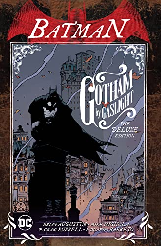 Batman stands on a rooftop overlooking a Victorian-era Gotham City.