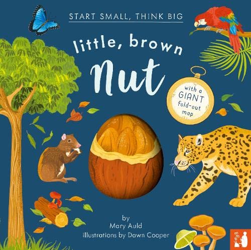 Book cover featuring a large brown nut, a rodent, a jaguar, and a parrot.