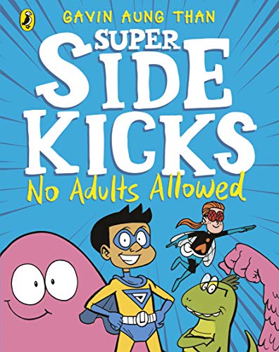 Book cover featuring four cartoon superheroes against a blue background with radiating lines.