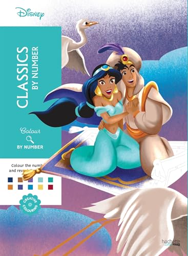 Colouring book cover with Disney characters Jasmine, Aladdin, and a magic carpet.