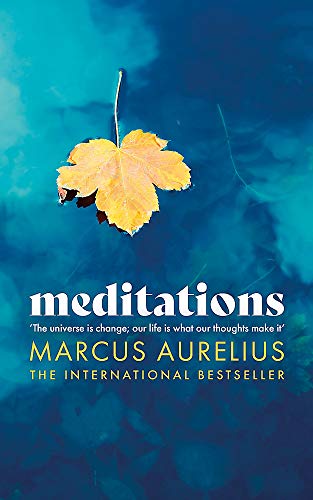 Book cover: “Meditations” by Marcus Aurelius with a falling yellow leaf.