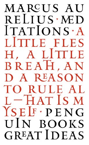 Red text on white cover: "Meditations" by Marcus Aurelius, Penguin Books.
