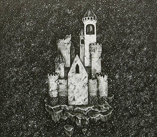 Black and white illustration of a castle floating in a starry sky.