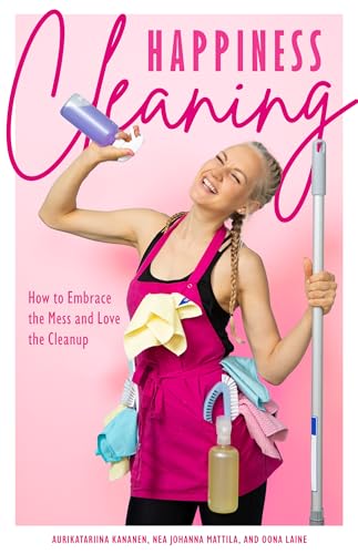 Book cover: woman with cleaning supplies, title “Happiness Cleaning.”