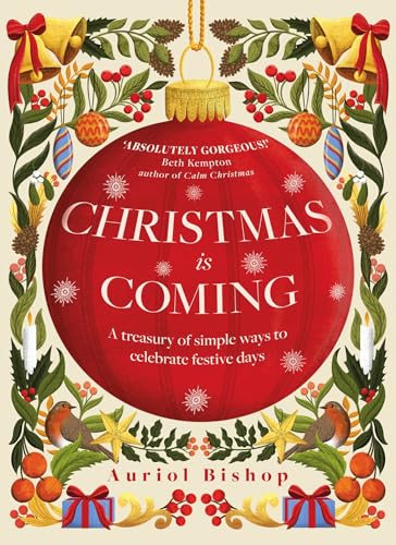 Book cover with red ornament, robins, and festive floral border.