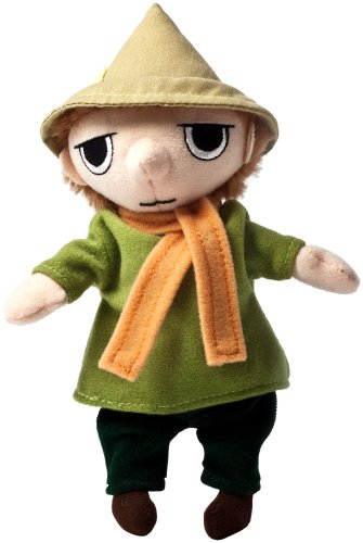 Soft toy of Moomin character wearing a green hat and scarf.
