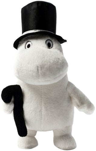 White Moomin plush toy wearing a black top hat and holding a black cane.