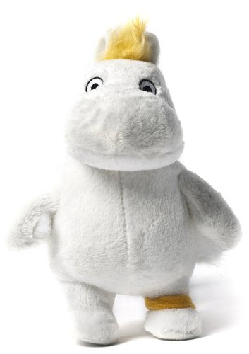 White Moomin plush toy with a yellow tuft of hair and yellow ankle band.