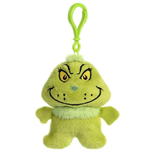 Green Grinch plush toy with a loop for hanging.