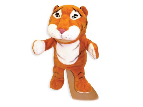 Orange and white plush tiger toy with black stripes, facing forward.