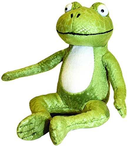 Green frog plush toy with a white belly and large white eyes.