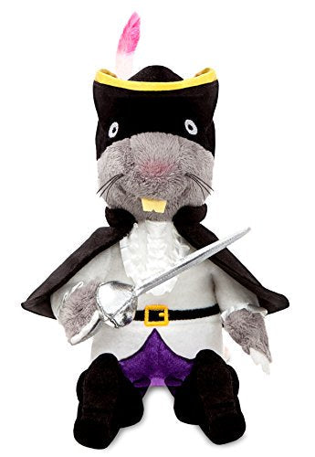 "Plush rat toy dressed as a knight, wearing a cape and holding a sword."