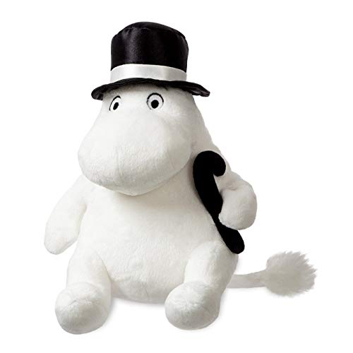 White Moomin plush toy wearing a black top hat and holding a black cane.