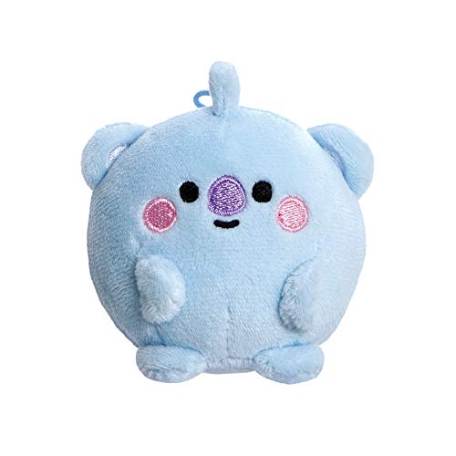 A blue, round, stuffed toy with embroidered face and small ears and tail.