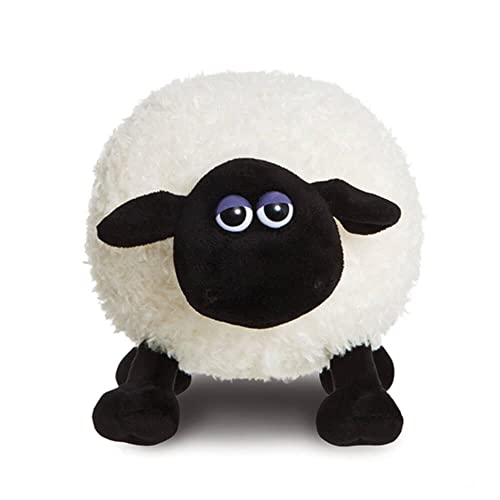 White Shaun the Sheep plush toy with black face and blue eyes.