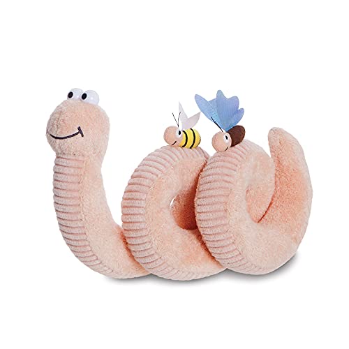 A peach-colored plush worm toy with a small bee and butterfly on its back.