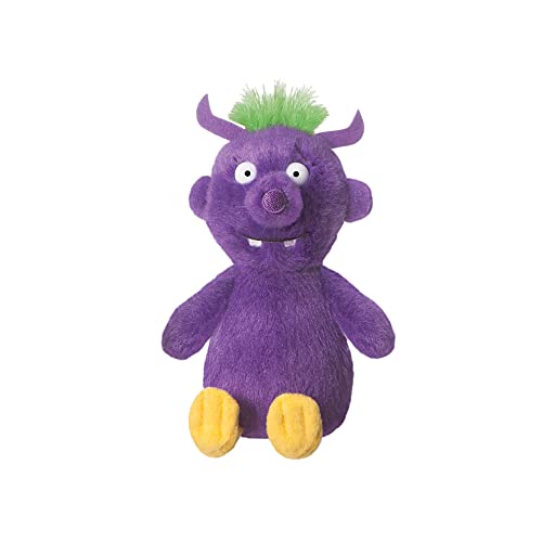 Purple plush toy with green hair and yellow feet, front view.