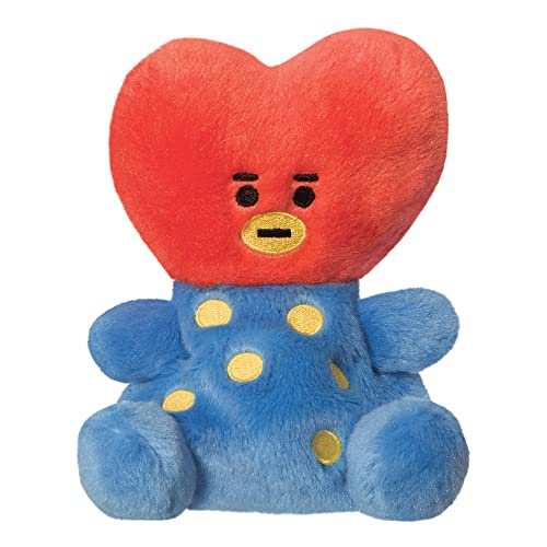 Red heart-shaped plush toy, Tata from BT21, with blue polka-dot body.