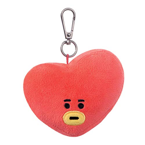 Red heart-shaped plush keychain with a yellow mouth and black embroidered eyes.