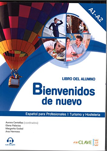 Textbook cover for Spanish language learning, featuring travel and workplace scenes.