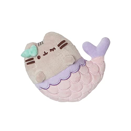 Plush Pusheen cat toy with a mermaid tail, light blue bow, and pink scales.
